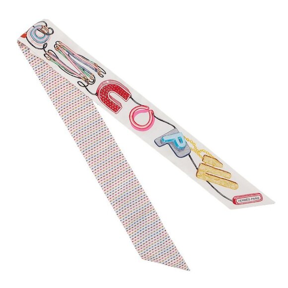 HERMES Twilly Chevaloscope Pointier Silk100% White/Rose/Vert - Picture 3 of 9